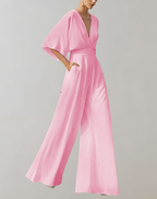 Combinaison pantalon femme col V plongeant, jambes larges, rose