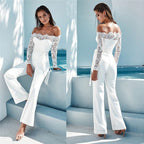 Combinaison femme épaules dénudées, taille nouée, manches longues