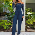 Combinaison femme épaules dénudées, taille nouée, manches longues, bleu
