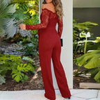 Combinaison femme épaules dénudées, taille nouée, manches longues, rouge