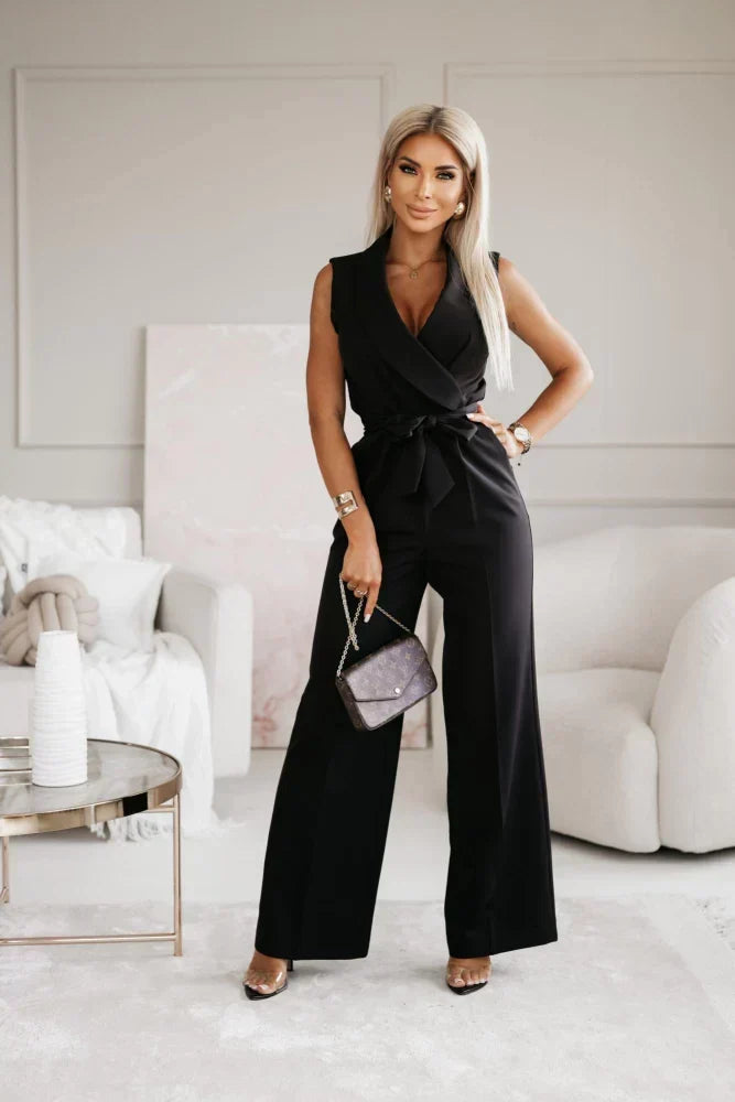 Combinaison pantalon femme fluide, décolleté croisé, ceinture
