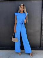 Combinaison longue femme à manches volantées et ceinture