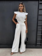 Combinaison longue femme à manches volantées et ceinture, blanc