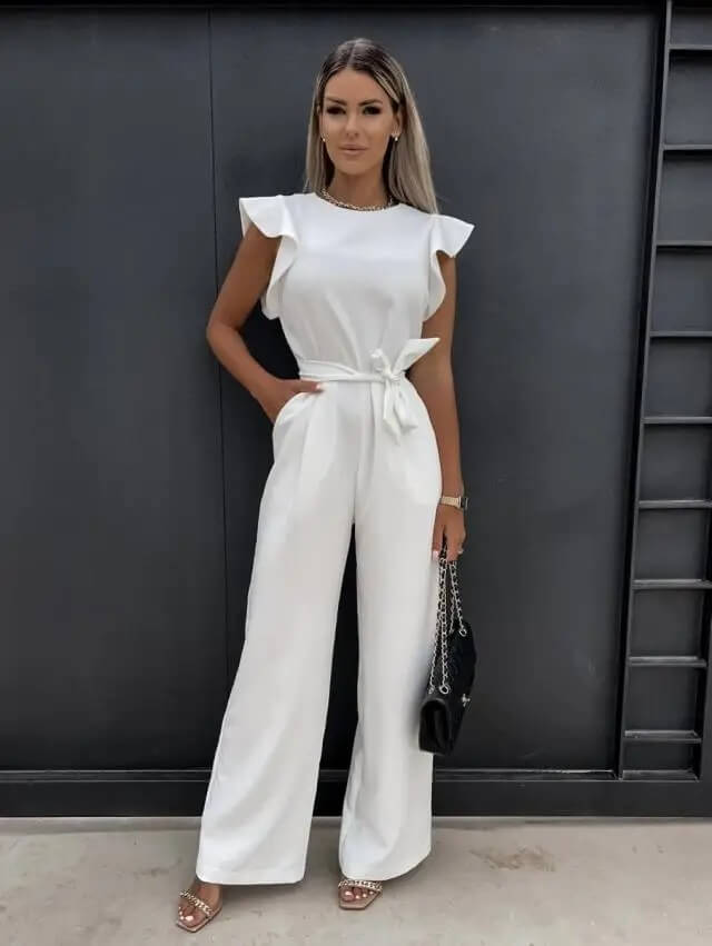 Combinaison longue femme à manches volantées et ceinture, blanc