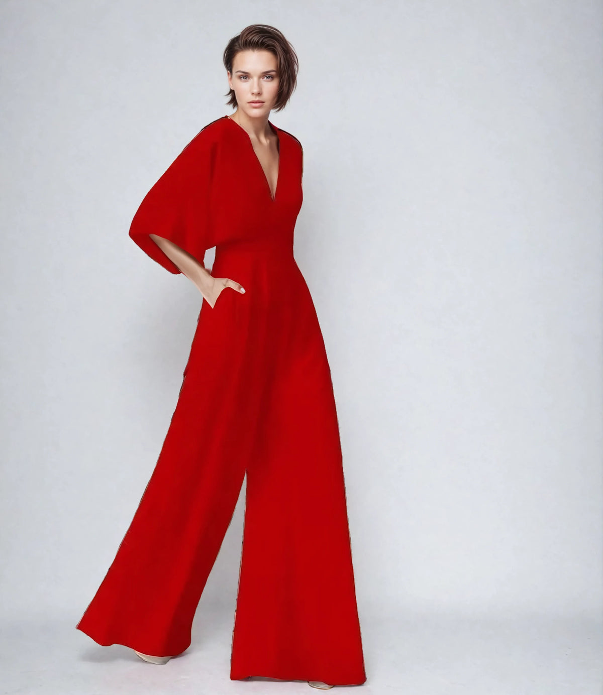 Combinaison fluide femme à manches papillon et col V croisé, rouge