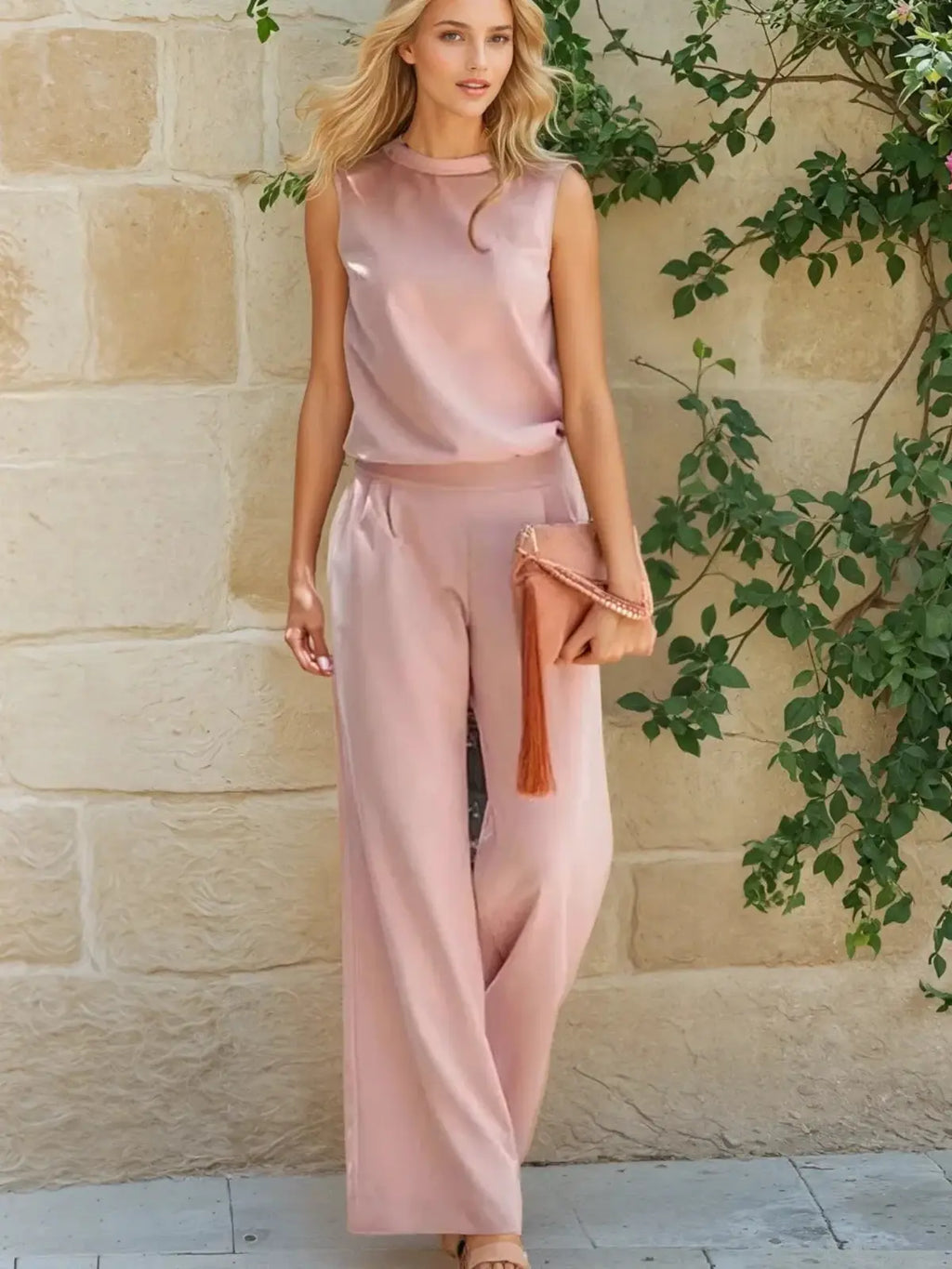 Combinaison pantalon femme sans manches, col montant, S au 2XL, rose