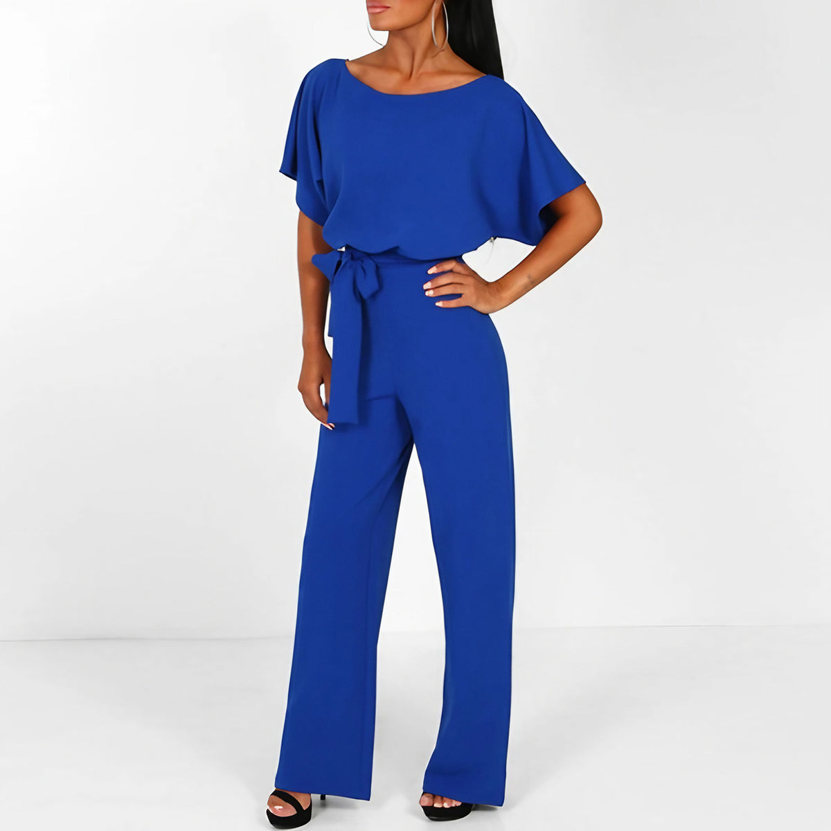 Combinaison pantalon femme à jambes larges, ceinture à nouer, bleu