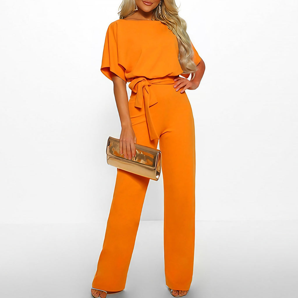 Combinaison pantalon femme à jambes larges, ceinture à nouer, jaune