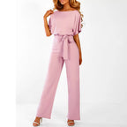 Combinaison pantalon femme à jambes larges, ceinture à nouer, rose