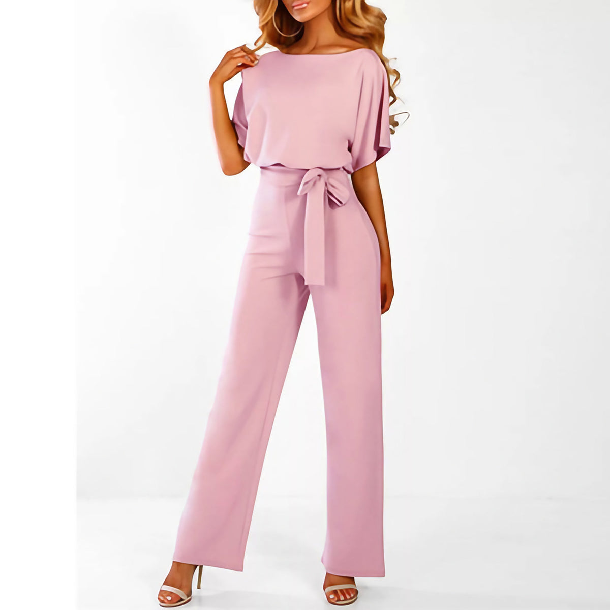 Combinaison pantalon femme à jambes larges, ceinture à nouer, rose