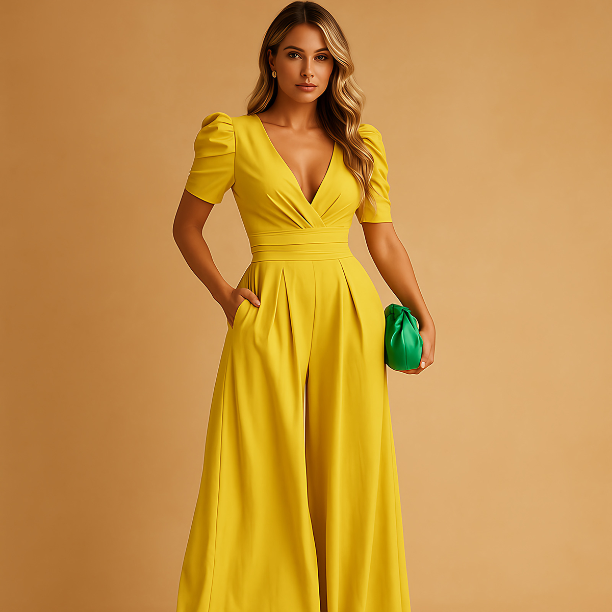 Combinaison pantalon femme longue et ajustée, cinq coloris, jaune
