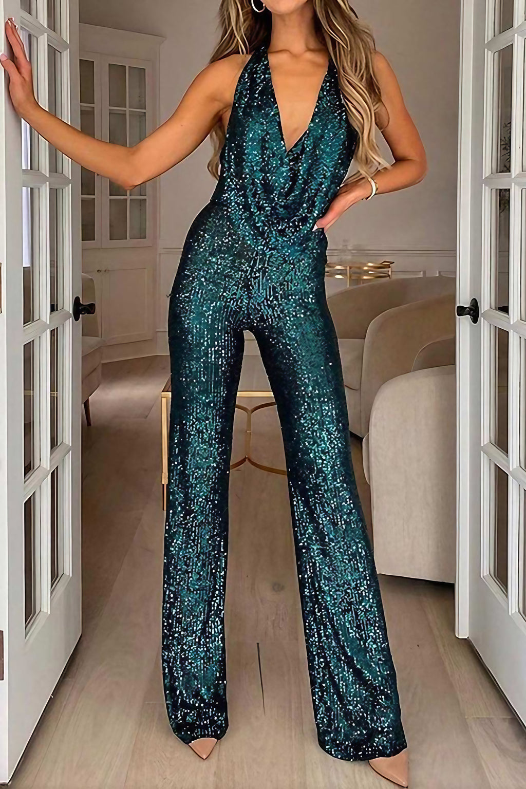 Combinaison longue à paillettes femme pour soirée, du S au 2XL, vert
