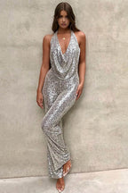 Combinaison longue à paillettes femme pour soirée, du S au 2XL, argenté