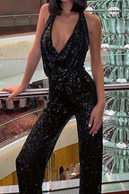 Combinaison longue à paillettes femme pour soirée, du S au 2XL, noir