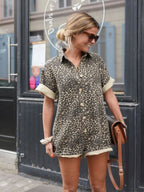Combishort femme imprimé léopard, taille élastique, col à revers