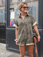 Combishort femme imprimé léopard, taille élastique, col à revers
