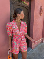 Combishort femme d'été à manches bouffantes, taille ceinturée