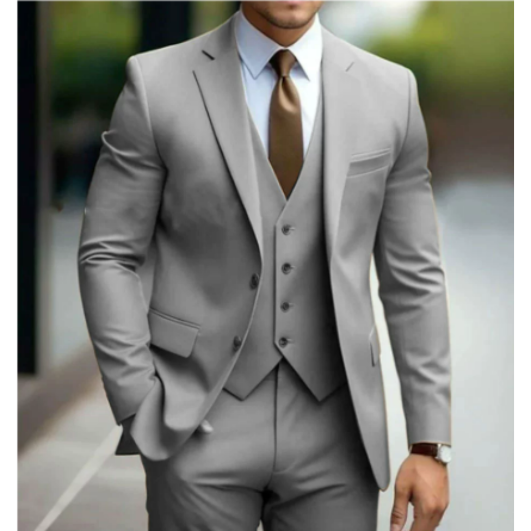 Costume 3 pièces homme pour mariage, veste, gilet et pantalon, gris clair