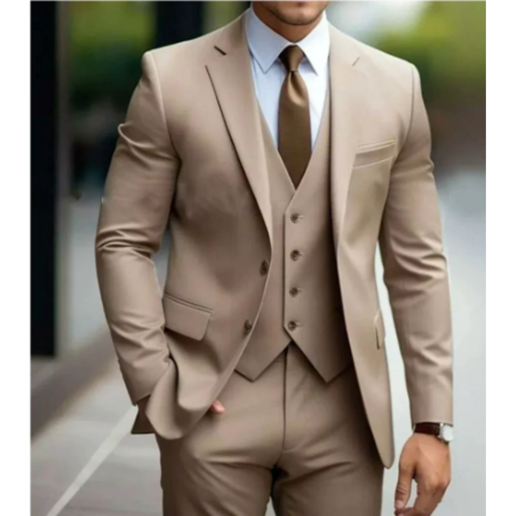 Costume 3 pièces homme pour mariage, veste, gilet et pantalon, marron clair