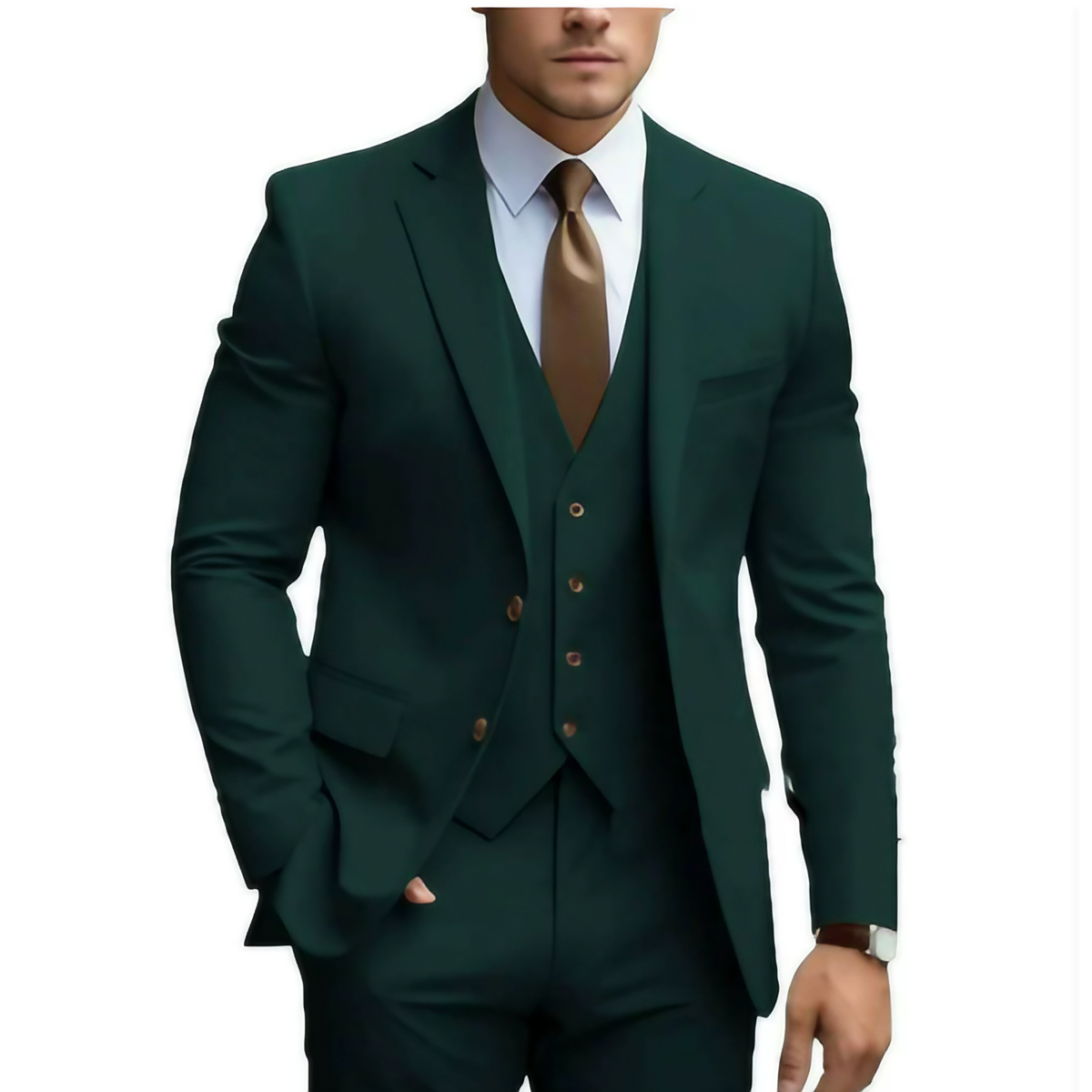 Costume 3 pièces homme pour mariage, veste, gilet et pantalon, vert foncé