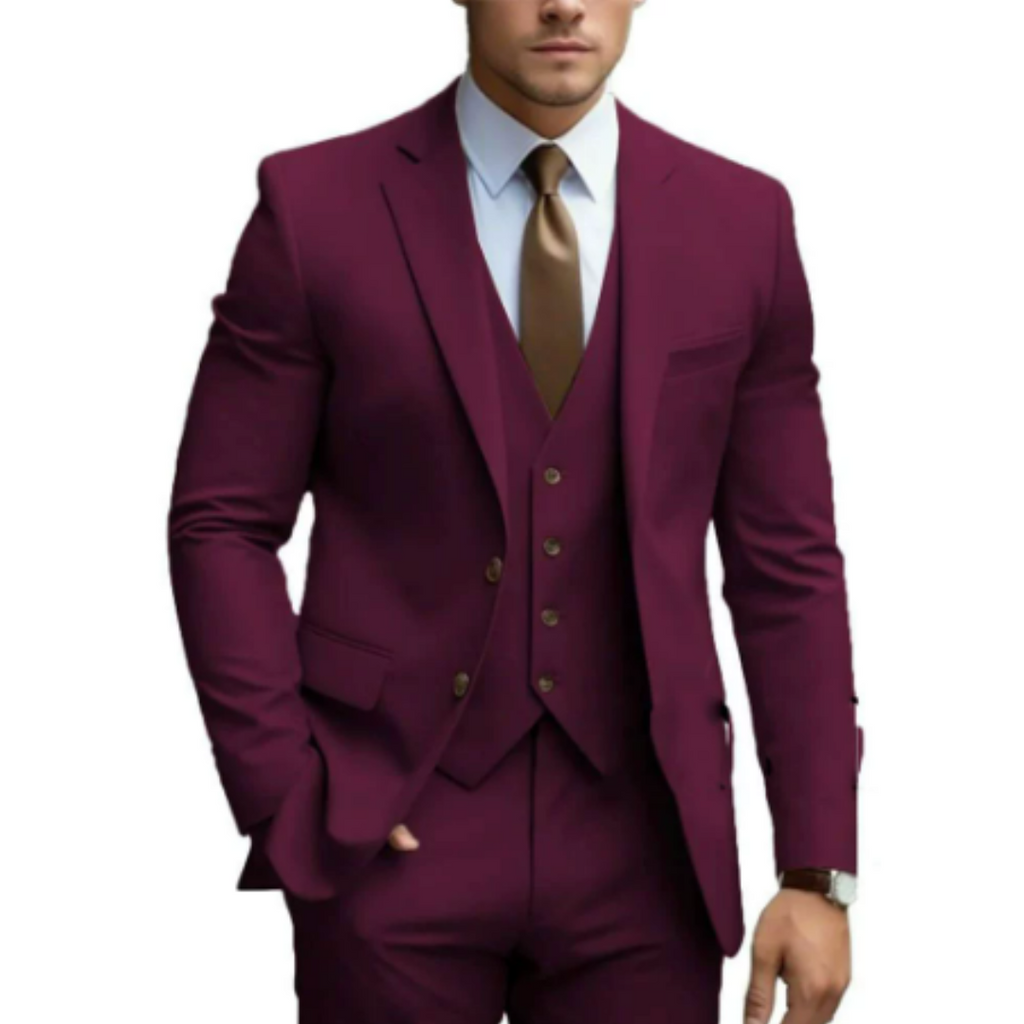 Costume 3 pièces homme pour mariage, veste, gilet et pantalon, bordeaux