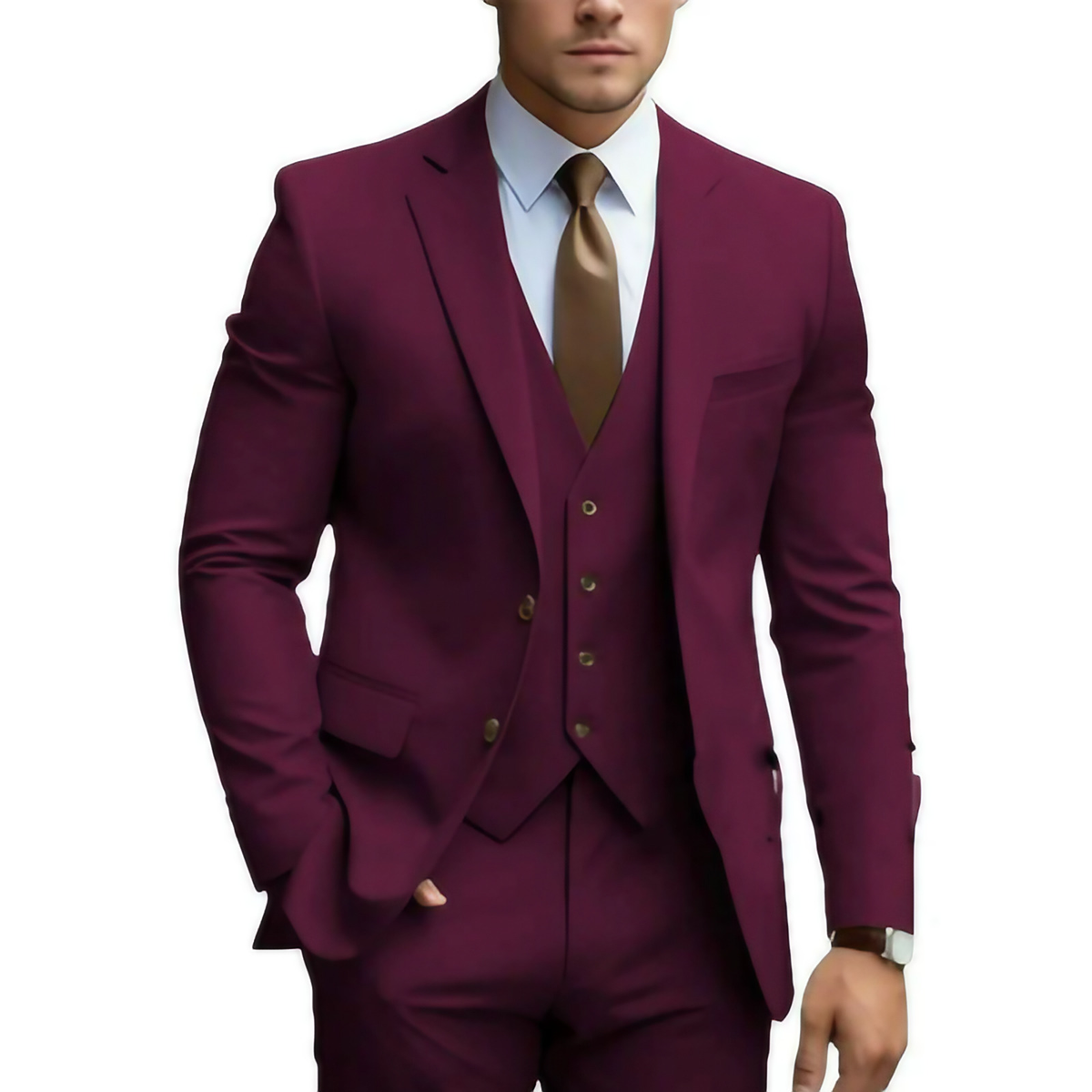 Costume 3 pièces homme pour mariage, veste, gilet et pantalon, bordeaux