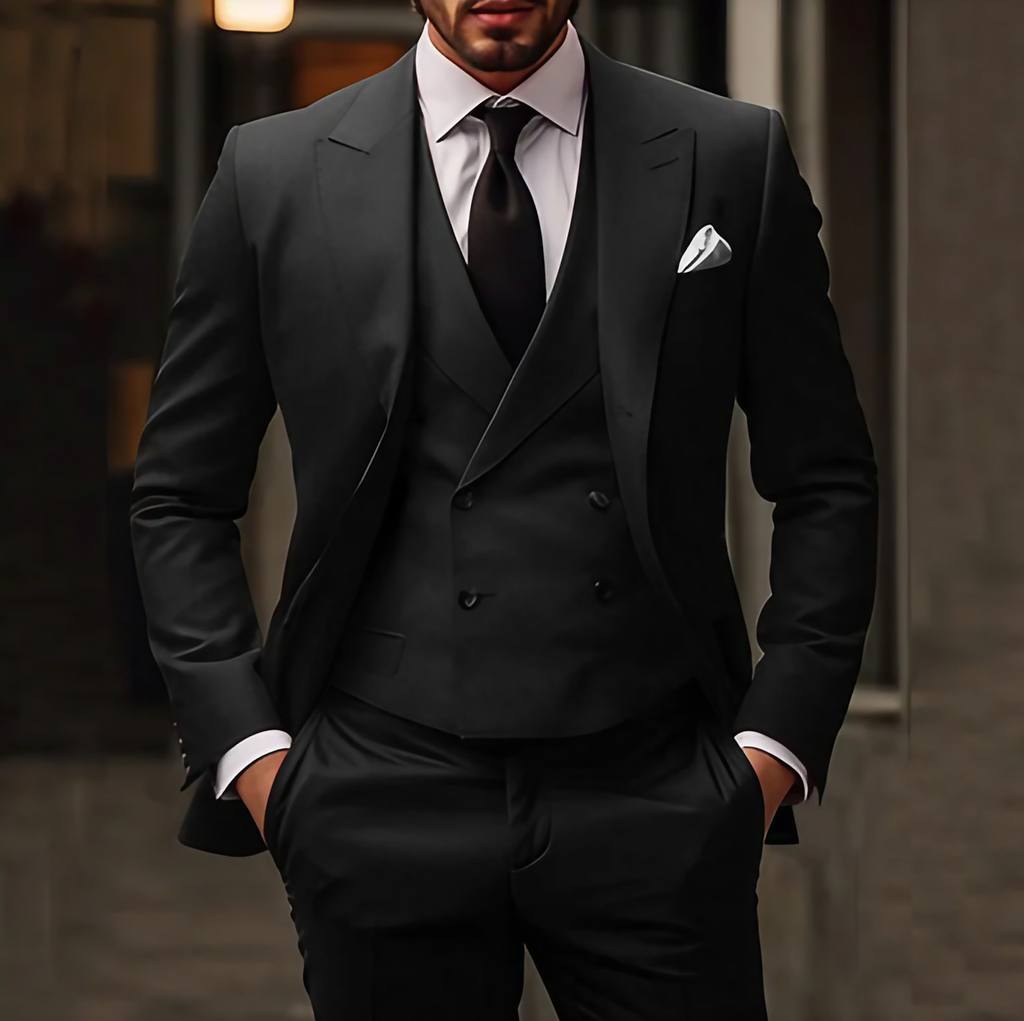 Costume 3 pièces homme, veste, gilet et pantalon, coupe ajustée, noir