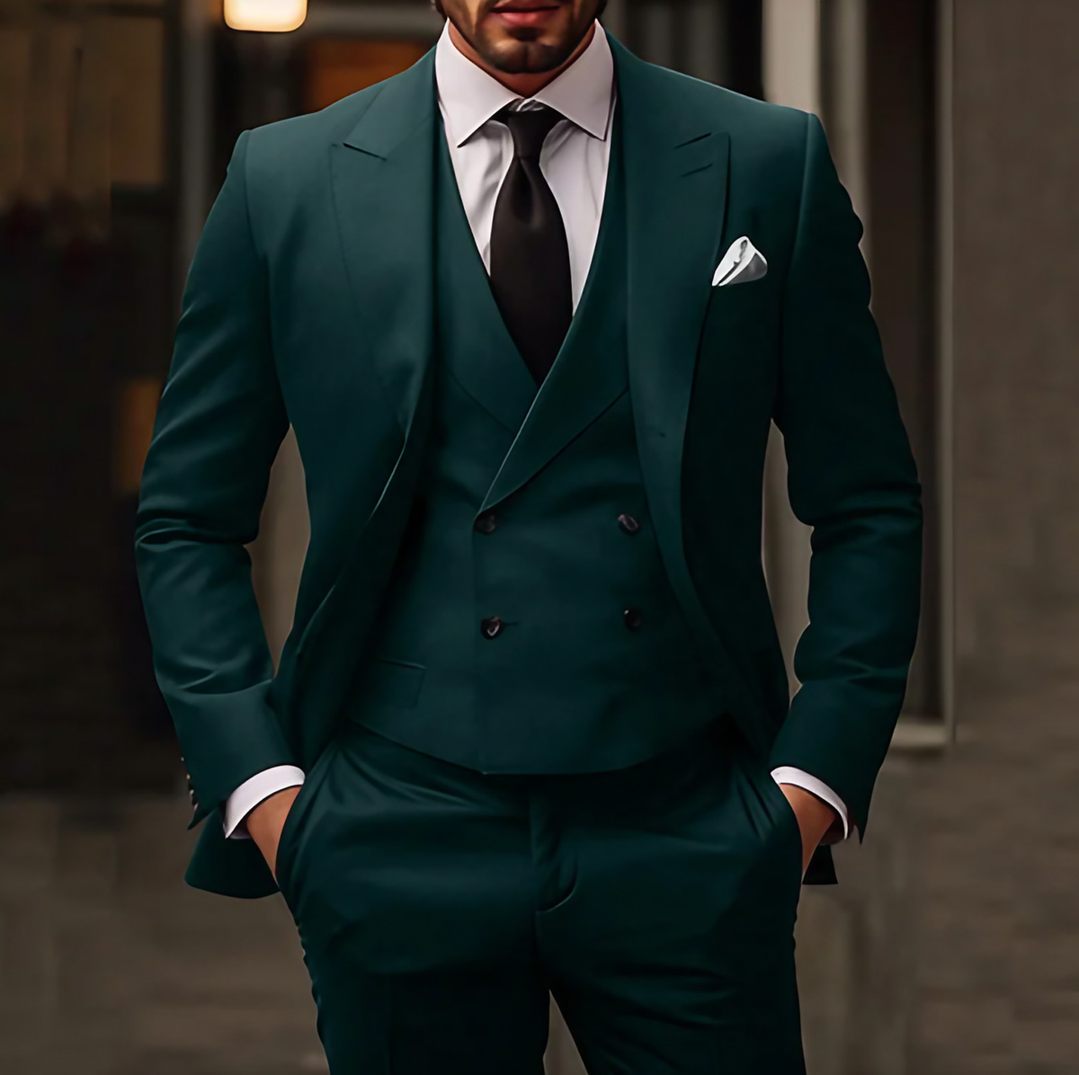 Costume 3 pièces homme, veste, gilet et pantalon, coupe ajustée, vert