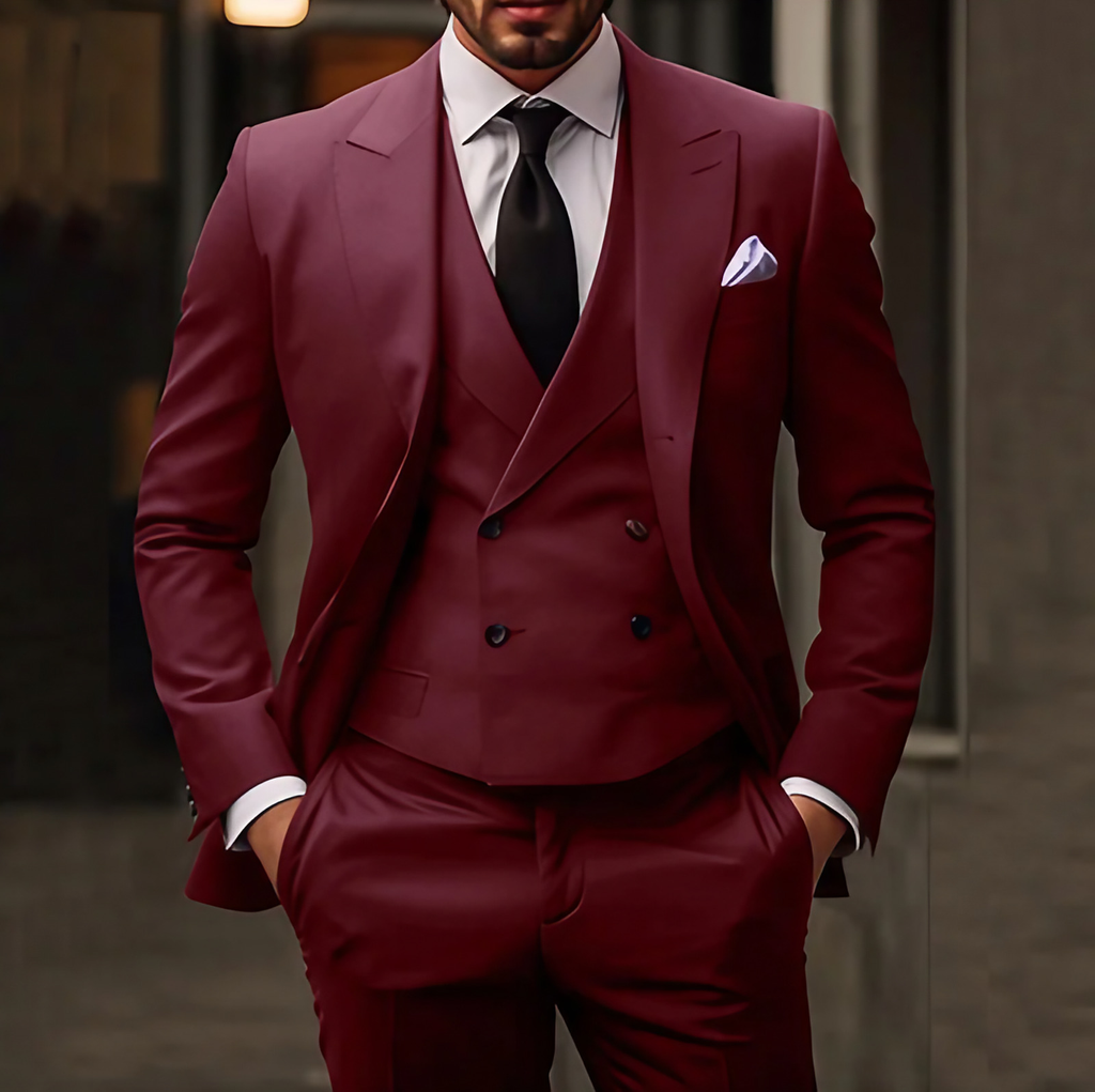 Costume 3 pièces homme, veste, gilet et pantalon, coupe ajustée, bordeaux