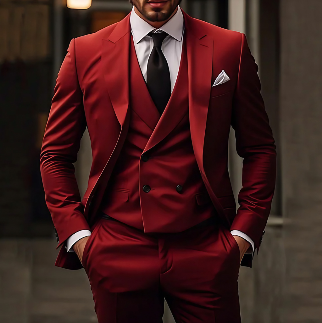 Costume 3 pièces homme, veste, gilet et pantalon, coupe ajustée, rouge