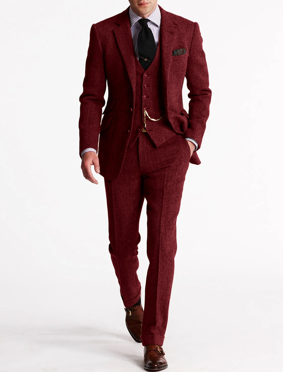 Costume 3 pièces homme en tweed, sept coloris, du S au 3XL, bordeaux