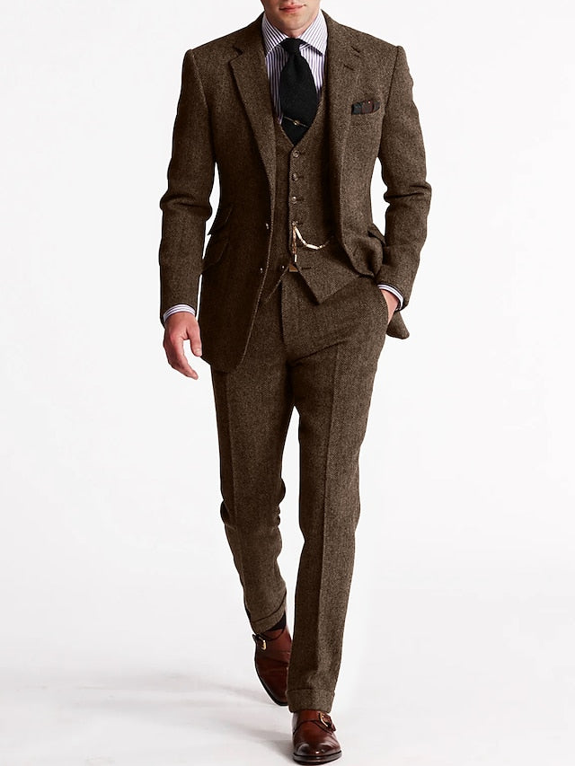 Costume 3 pièces homme en tweed, sept coloris, du S au 3XL, café