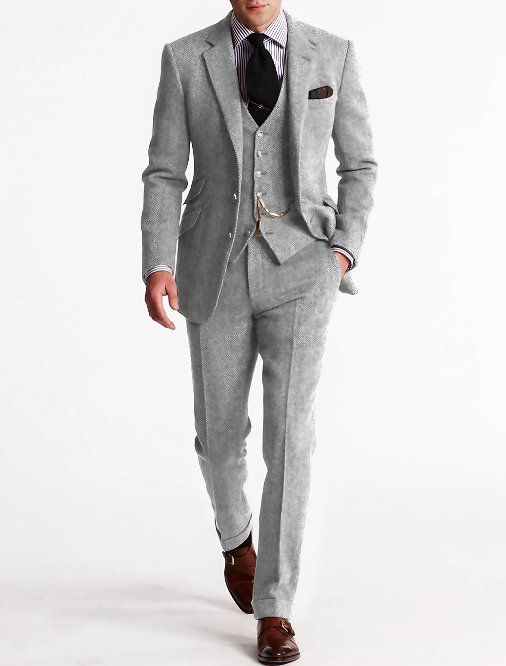 Costume 3 pièces homme en tweed, sept coloris, du S au 3XL, argenté