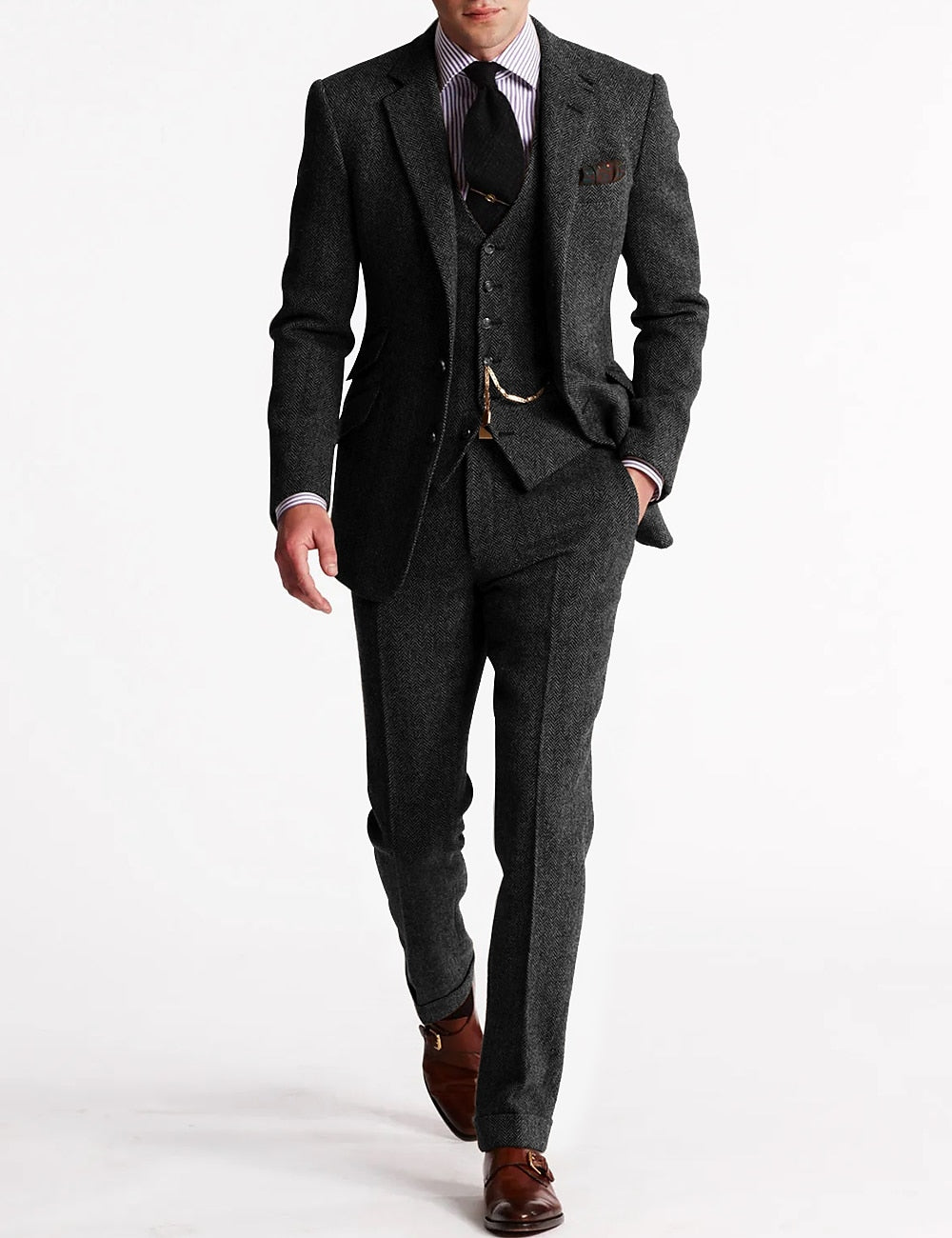 Costume 3 pièces homme en tweed, sept coloris, du S au 3XL, gris