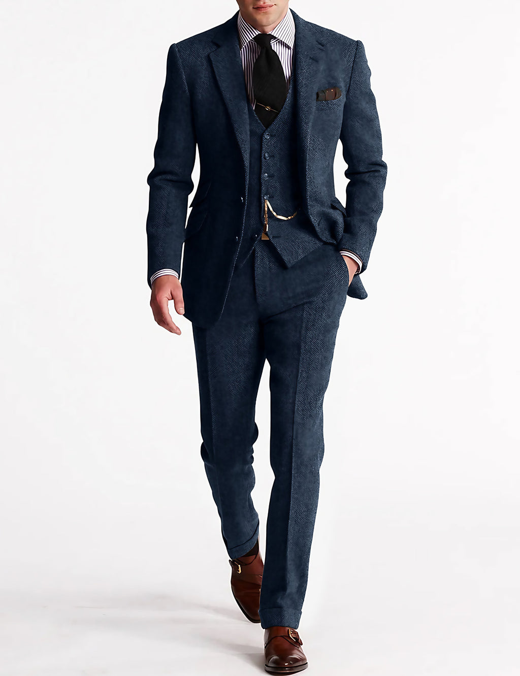 Costume 3 pièces homme en tweed, sept coloris, du S au 3XL, bleu marine