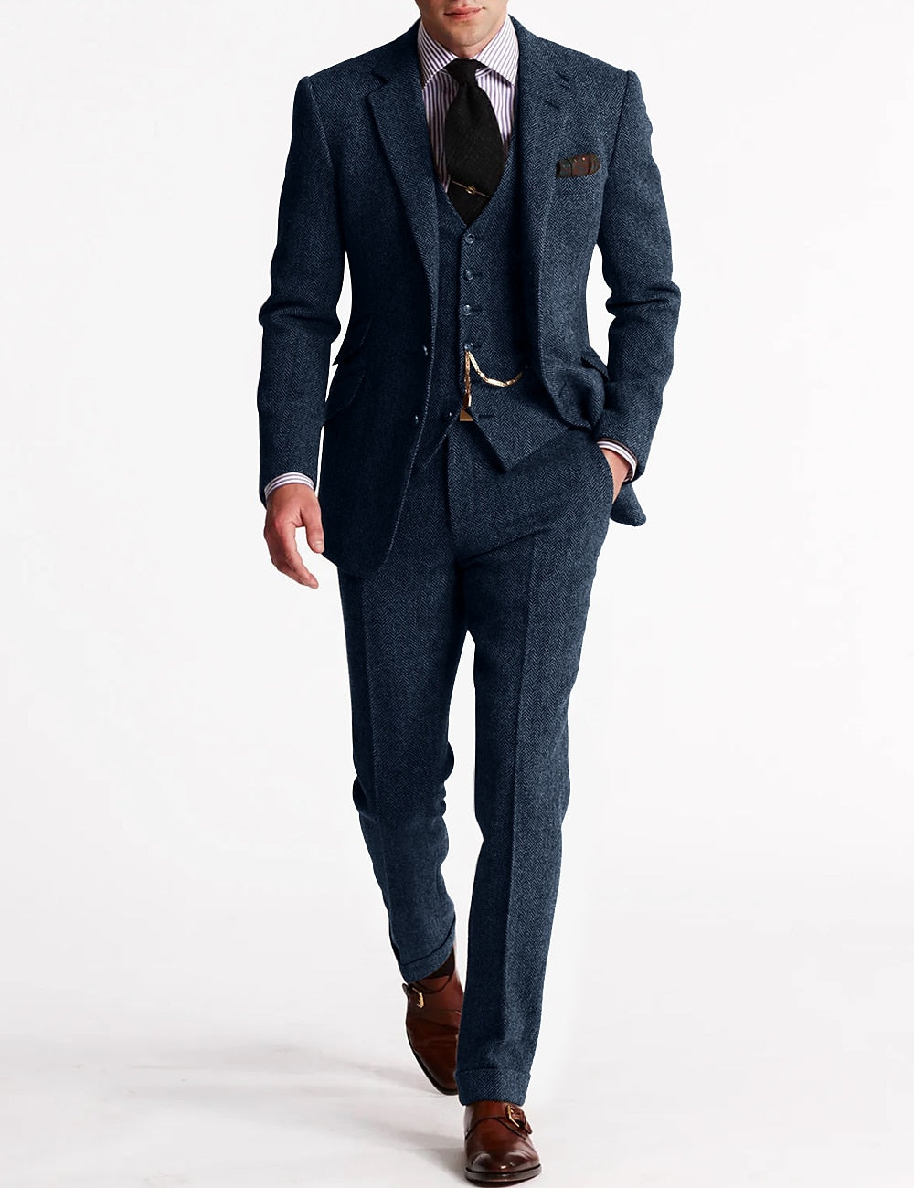 Costume 3 pièces homme en tweed, sept coloris, du S au 3XL, bleu marine