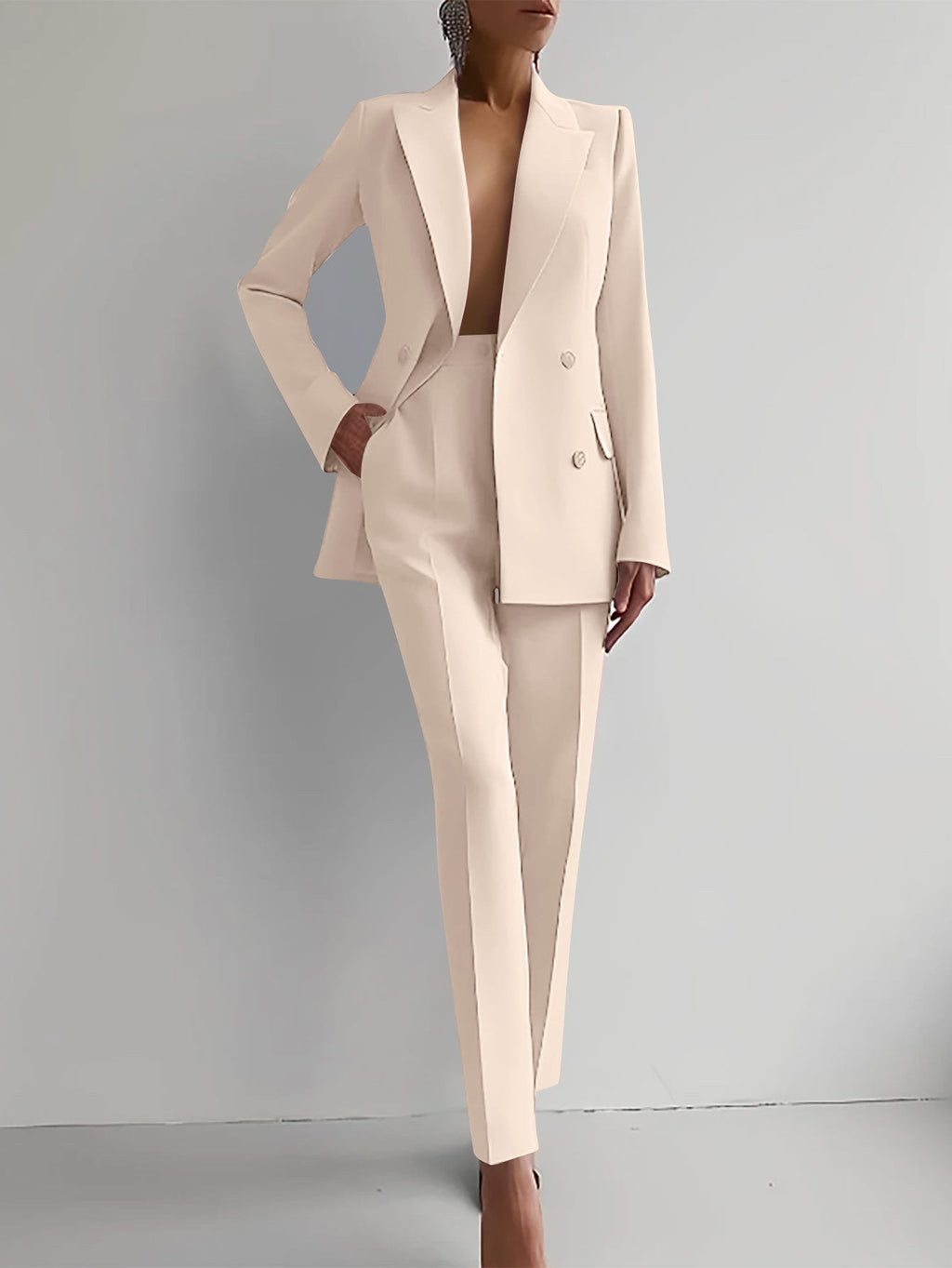 Tailleur pantalon femme 2 pièces, blazer et pantalon droit, beige