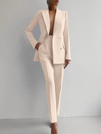 Tailleur pantalon femme 2 pièces, blazer et pantalon droit, beige