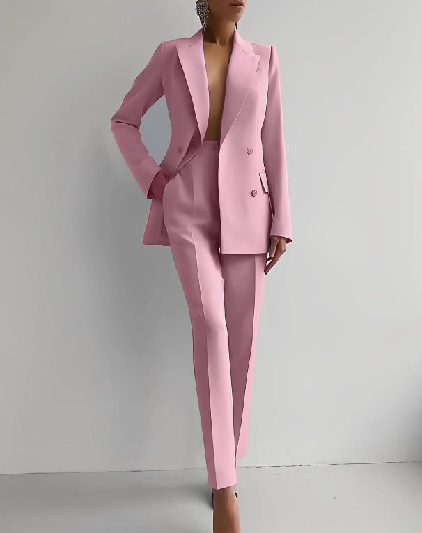 Tailleur pantalon femme 2 pièces, blazer et pantalon droit, rose