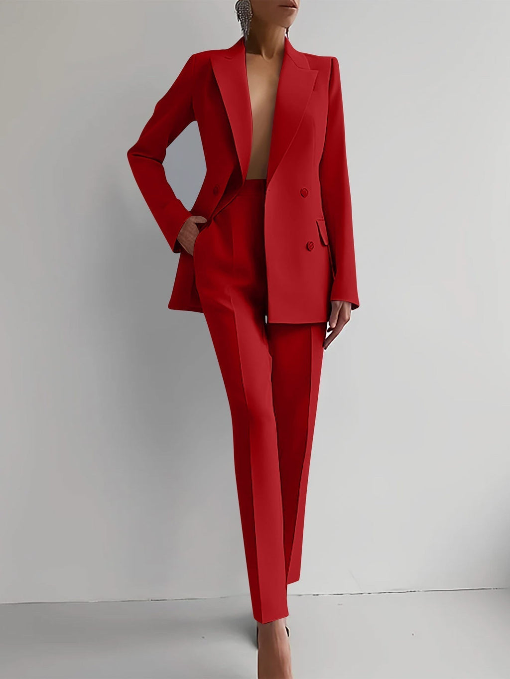 Tailleur pantalon femme 2 pièces, blazer et pantalon droit, rouge