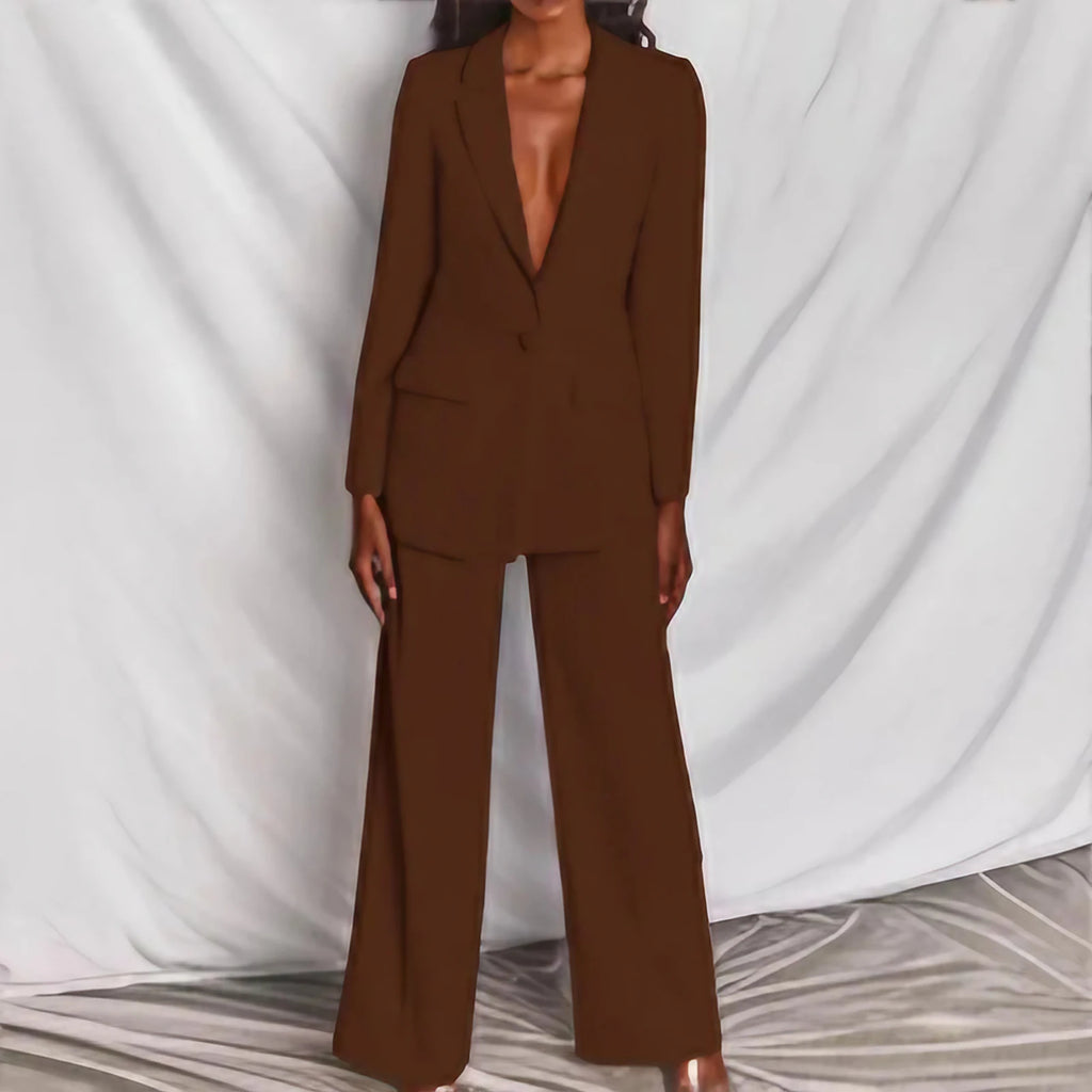 Tailleur pantalon femme, blazer et pantalon, sept coloris, marron