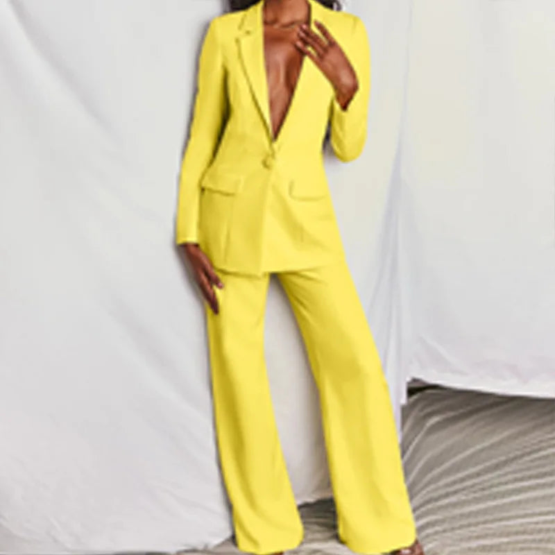Tailleur pantalon femme, blazer et pantalon, sept coloris, jaune