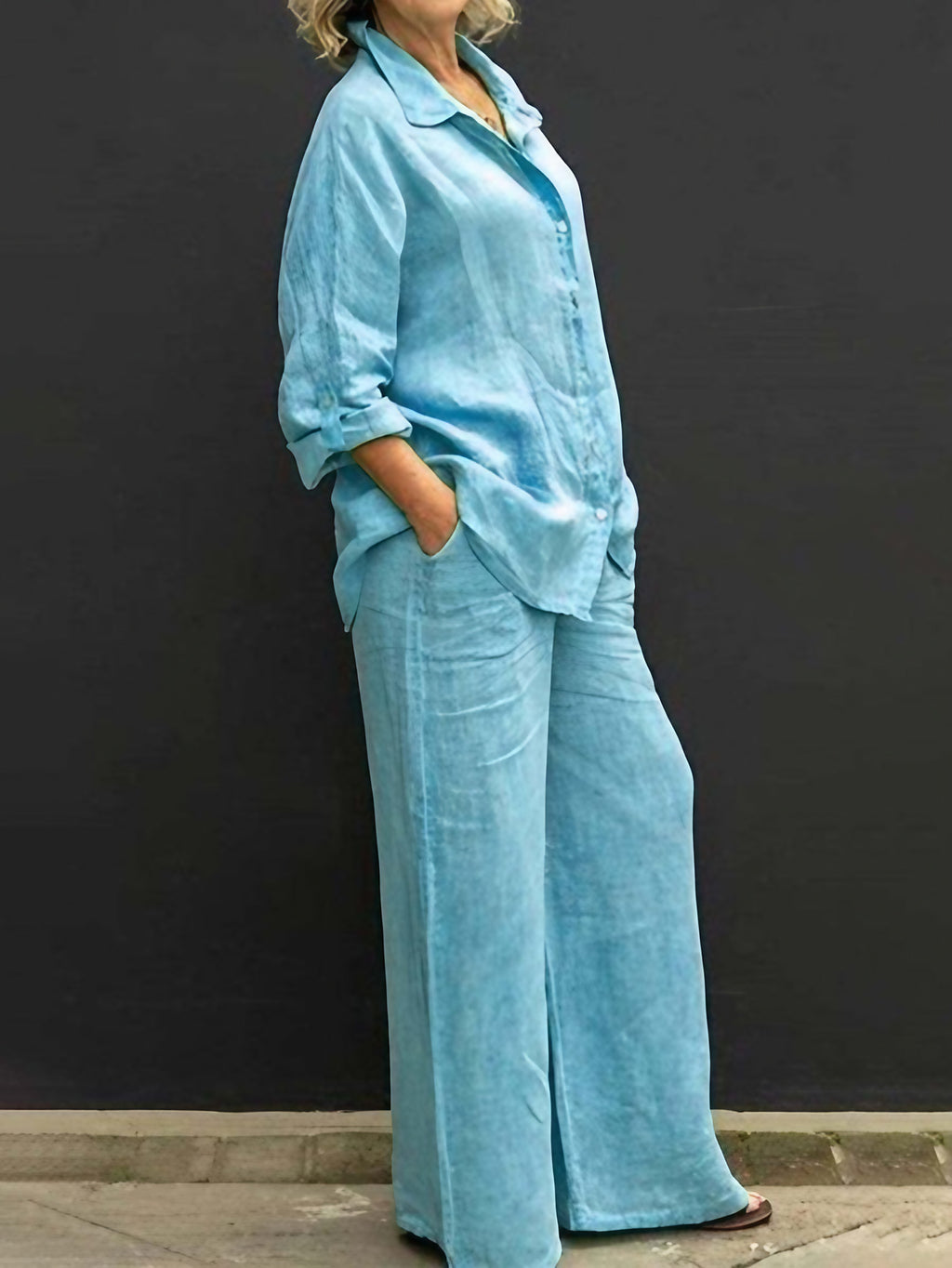 Ensemble tailleur femme en coton et lin, du S au 5XL, bleu ciel