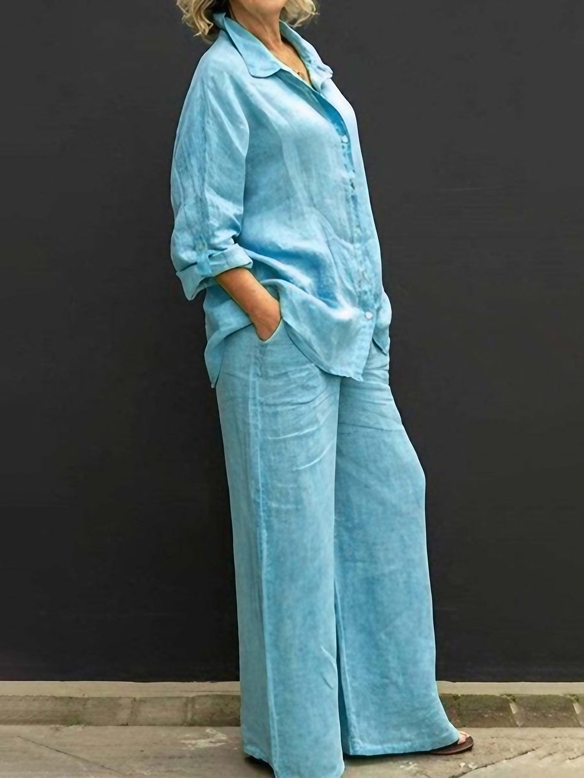 Ensemble tailleur femme en coton et lin, du S au 5XL, bleu ciel