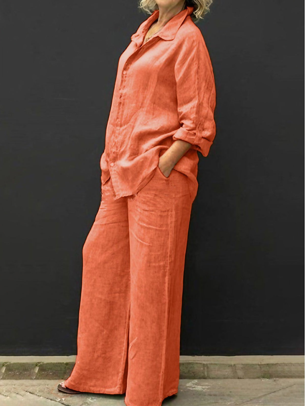 Ensemble tailleur femme en coton et lin, du S au 5XL, corail