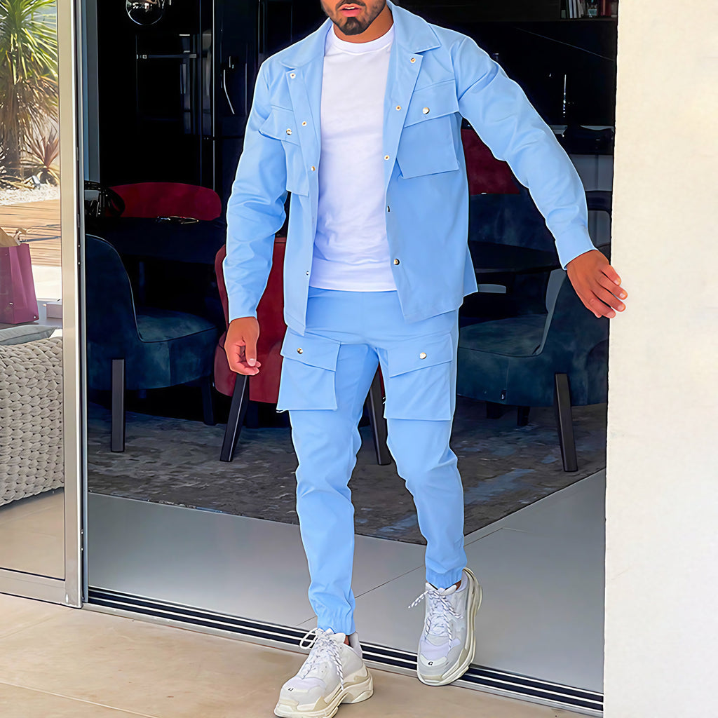 Ensemble cargo homme veste et pantalon slim, cinq coloris, bleu