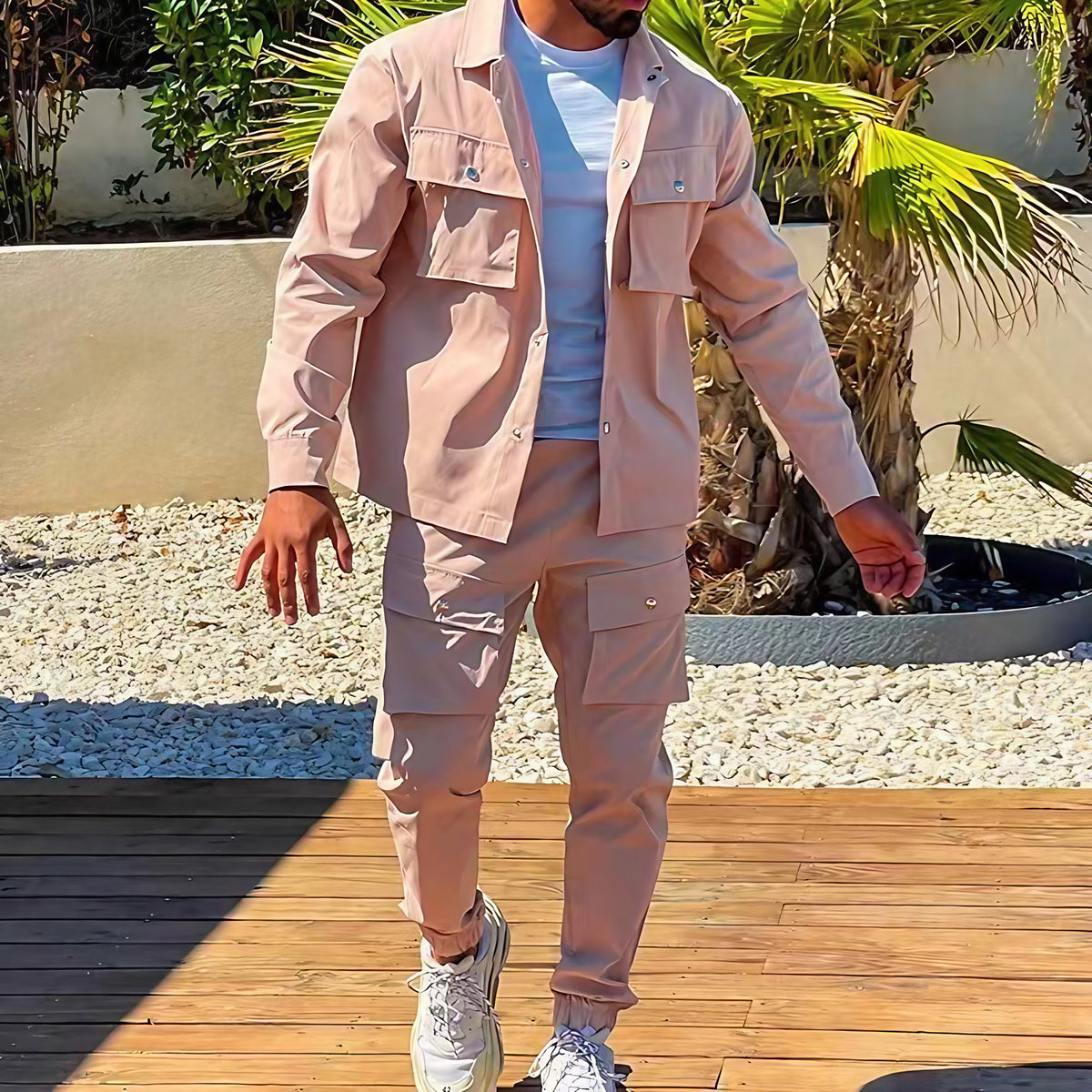 Ensemble cargo homme veste et pantalon slim, cinq coloris, rosé