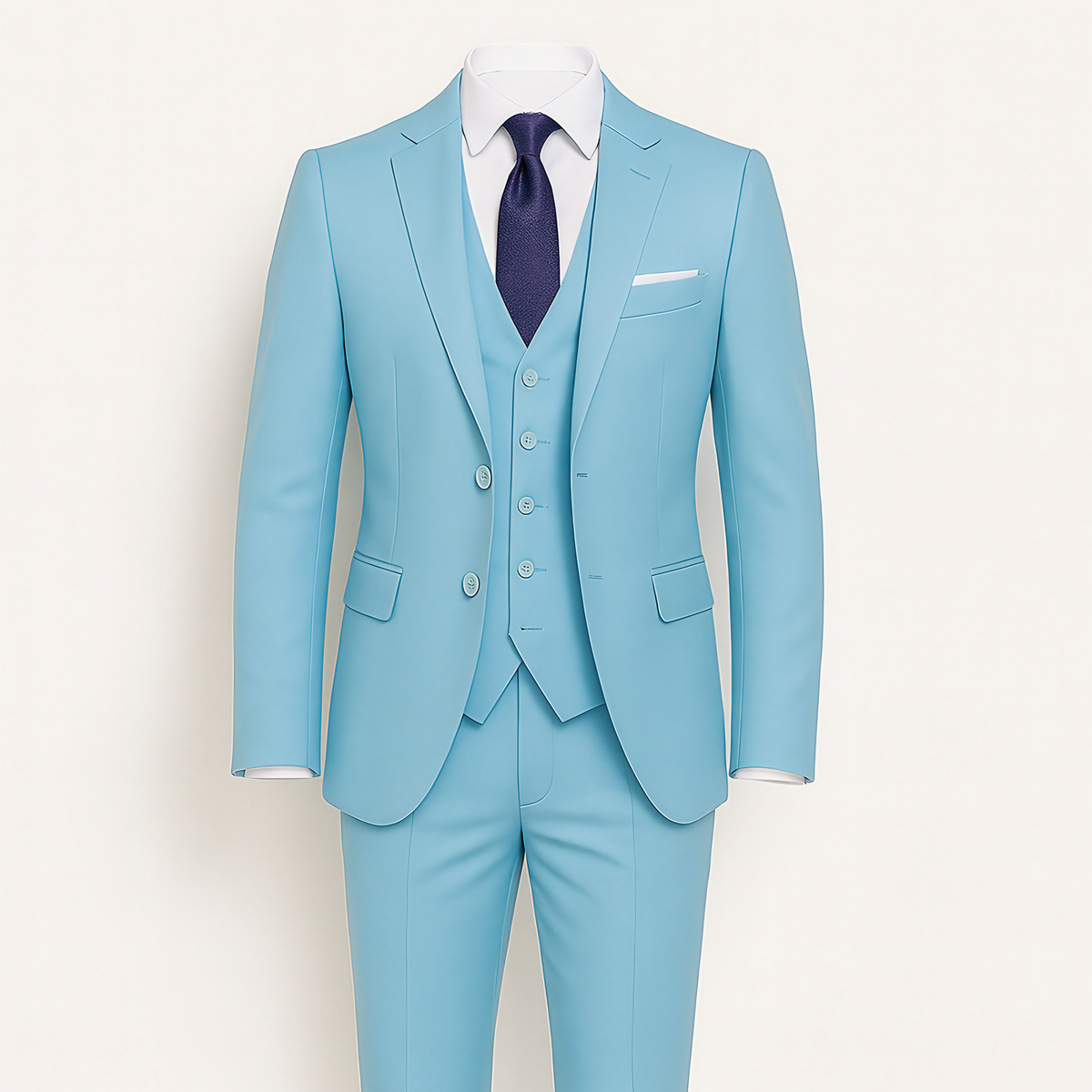 Costume homme 3 pièces, veste, gilet et pantalon, neuf coloris, bleu clair