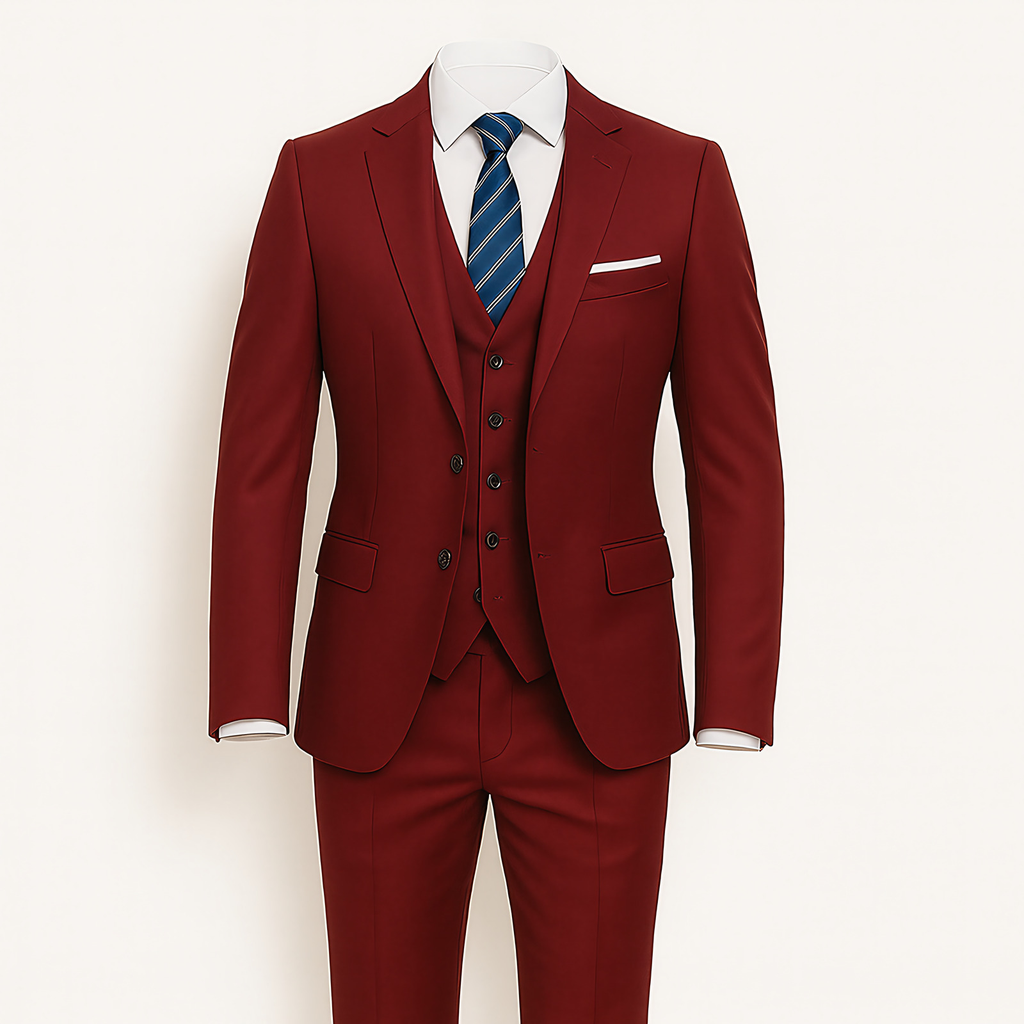 Costume homme 3 pièces, veste, gilet et pantalon, neuf coloris, rouge vin