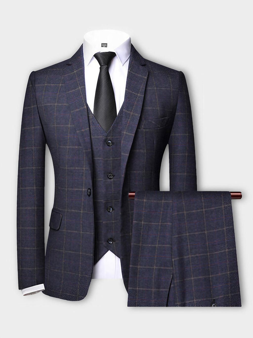 Costume trois pièces homme à carreaux, veste, gilet et pantalon, bleu marine